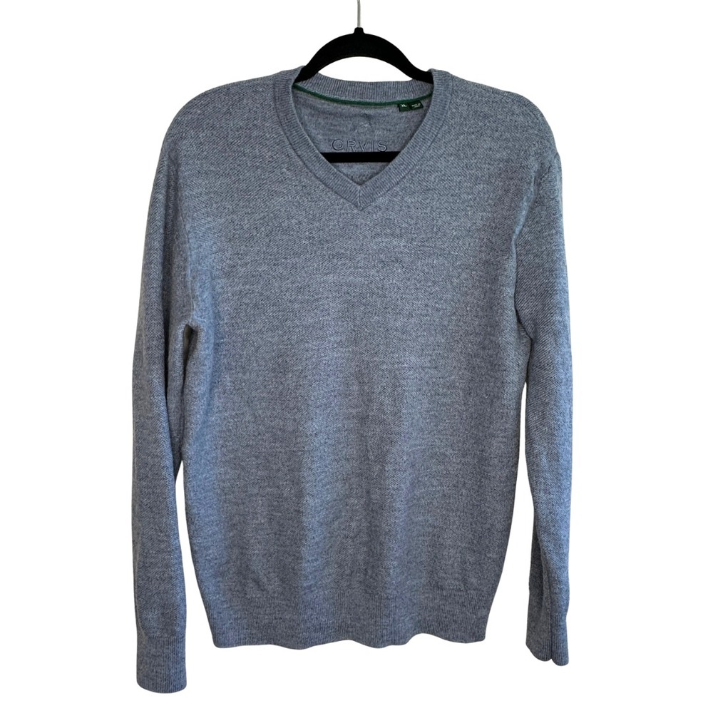 Orvis Mens XL V-Neck Sweater Blue Gray 100% Merino Wool 3JM6 F/25 Classic Knit